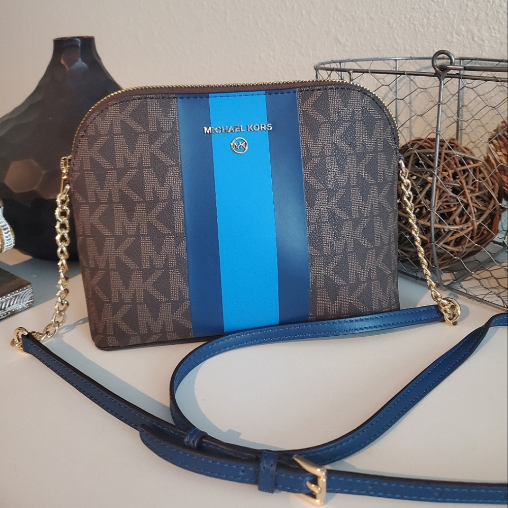 Michael Kors MK MONOGRAM Center Stripe CINDY LG Dome CHAIN XBODY BAG Cyan